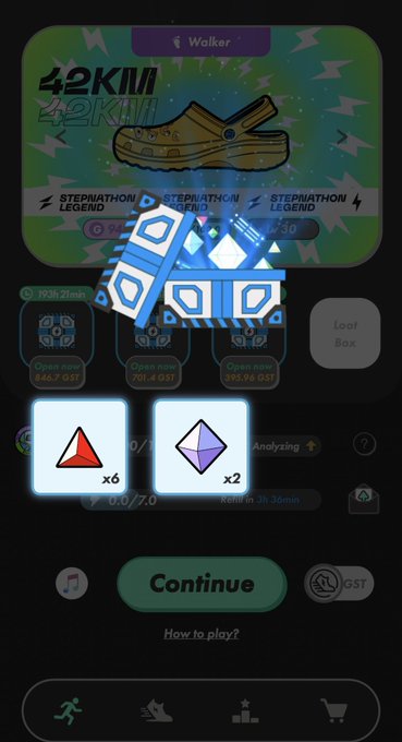 The image shows a phone screen with two blue boxes, one of which has a pair of shoes on top of it. The other box contains a game icon that says "42KM" on it. There are also several icons related to games and activities displayed in the bottom right corner of the screen.