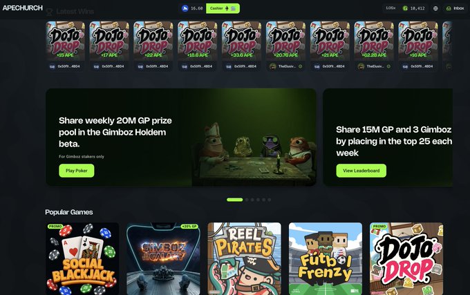 A screenshot of the Apecoin.Casino website displaying various 'DOJO DROP' game thumbnails with different APY percentages, along with promotional banners for Gimboz Hold'em poker and a leaderboard, plus a 'Popular Games' section featuring games like Social Blackjack and Reel Pirates.
