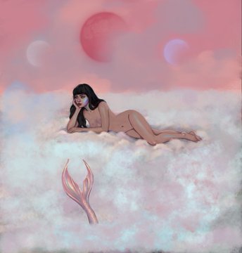An artistic illustration of a woman reclining on clouds beneath a pink sky with moons, with a small tail-like appendage visible.
