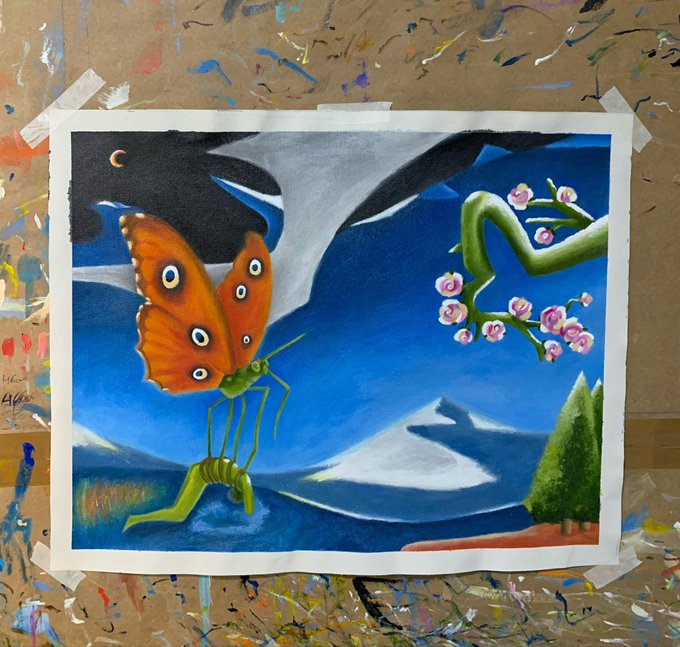 A surreal painting taped to a paint-splattered board, featuring a butterfly-bodied insect creature flying near a green humanoid figure, set against a landscape with mountains, clouds, and a crescent moon.