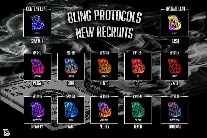 A promotional graphic titled "BLING PROTOCOLS NEW RECRUITS" set against a smoky, dollar bill background, introducing the team's new members organized by role. Featured recruits include Content Lead Simbah and Overall Lead Fash at the top, with roles like Hybrid, Sniper, Spinner, and Content filled by members such as Pluggy, Solo, Hints, D2, Vxzel, Shwiffty, Nac, Zedgey, Fever, and Mowload, visually aligning with the post's welcome message.