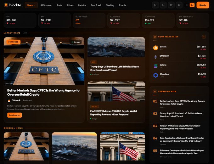 Blockto crypto news dashboard showing BTC at $85.86K and ETH at $2.71K, featuring the headline "Better Markets Says CFTC Is the Wrong Agency to Oversee Retail Crypto" alongside trending stories like Trump's B-2 bombers leaving RAF Fairford and FinCEN's $10,000 crypto wallet reporting rule.