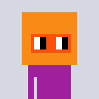 A pixel art character with an orange block head, simple square eyes, and a purple rectangular body set against a light blue background.