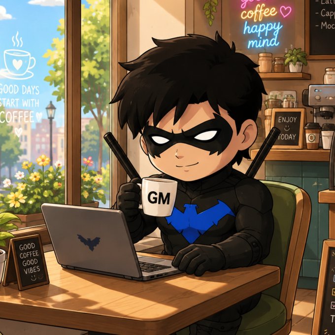 Chibi-style illustration of a young Batman character wearing a black mask and bat-symbol shirt, holding a mug that says 'GM' while working on a laptop in a cozy cafe setting with a neon 'coffee happy mind' sign.