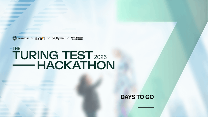 The image depicts a poster or flyer advertising ahackathon event, which features two people interacting with a child's picture of a person riding a bike on an island. The event is scheduled to take place over 7 days from Monday through Friday, starting at approximately 10 am. There are prizes involved in the hackathon as well, including a $100K grand prize pool and other cash rewards for different categories.