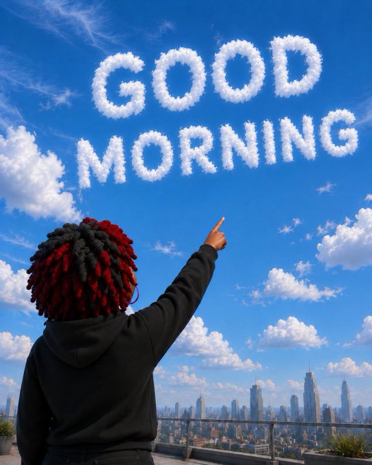 A person with red and black dreadlocks wearing a black hoodie points toward the words "GOOD MORNING" written in clouds against a blue sky above a cityscape.