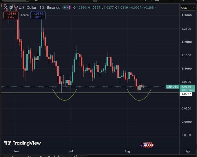 A TradingView candlestick chart of XRP/USD on the daily timeframe shows XRP trading at $1.0319, hovering just above the critical $1.00 support level with two highlighted rounded formations suggesting a potential double bottom (W-pattern) pattern. The chart visually reinforces the post's dilemma about whether XRP will hold this key support to confirm a bullish reversal or break down below $1.