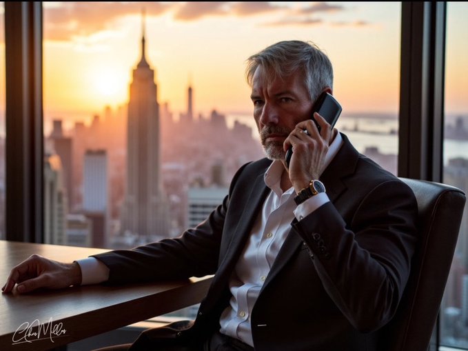 A middle-aged man in a dark suit sits by a window at sunset, talking on a smartphone, with the Empire State Building and New York City skyline visible behind him.