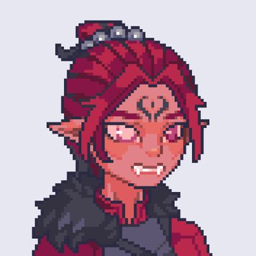 A pixel art illustration of a red-skinned demon or elf-like character with red hair tied up, a third eye mark on the forehead, small fangs, and pointed ears, wearing a dark fur-collared outfit.