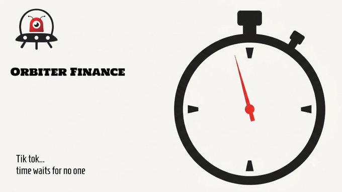A minimalist graphic for 'ORBITER FINANCE' featuring a black stopwatch icon with a red hand pointing to just past the 12, accompanied by the text 'Tik tok... time waits for no one'.