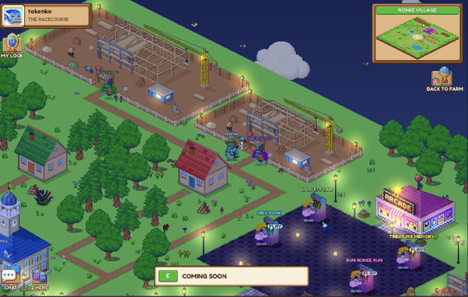 A screenshot of a 2D isometric online game showing a 'ROME VILLAGE' construction area with a partially built structure, a completed building labeled 'tokenko THE RACECOURSE', an 'ARCADE' building, and various player avatars.