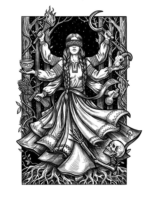 Black and white illustration of a multi-armed Slavic/pagan deity woman surrounded by forest elements, holding a torch, sickle, cup, wheat, goat skull, and other symbols.