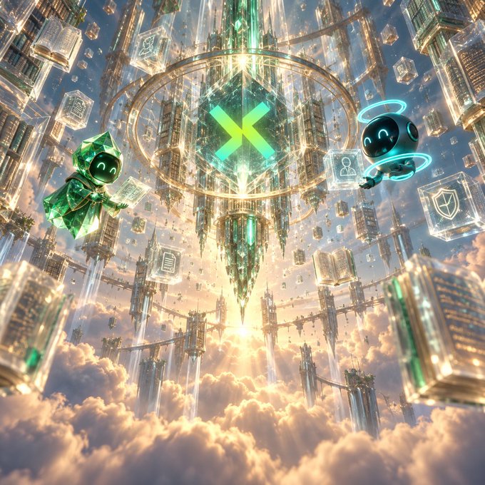 A fantastical digital artwork depicting a celestial city in the clouds with floating books, and two small glowing robot-like figures flanking a large green 'X' symbol in a circular frame.