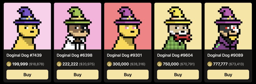 The image shows five pixelated wizard Doge NFTs ("Doginal Dogs") for sale, with prices ranging from 199,999 to 777,777 (ETH/USD values shown in parentheses), including Doginal Dog #7443 and #6398 which were originally purchased at the lower prices mentioned in the post. The image illustrates the post's point about how early NFT investments have appreciated dramatically, highlighting the "Wizard Doginal Dogs" as an opportunity being referenced.