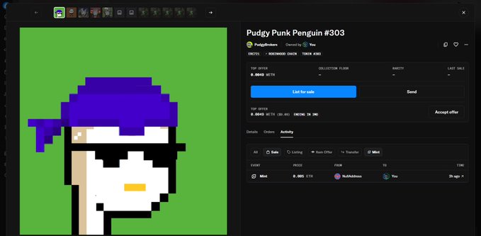 OpenSea NFT listing page for 'Pudgy Punk Penguin #303' by PudgyShakers, showing a pixel art penguin with purple hair and sunglasses, listed at 0.0669 ETH.