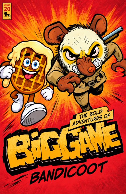 A vibrant comic book cover for 'The Bold Adventures of Big Game Bandicoot' Issue 20, depicting an angry bandicoot character wielding a weapon alongside a waffle character.