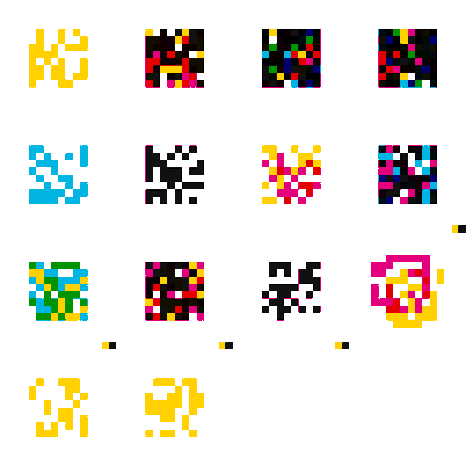 A collection of various colorful pixel art icons and characters arranged on a white background.