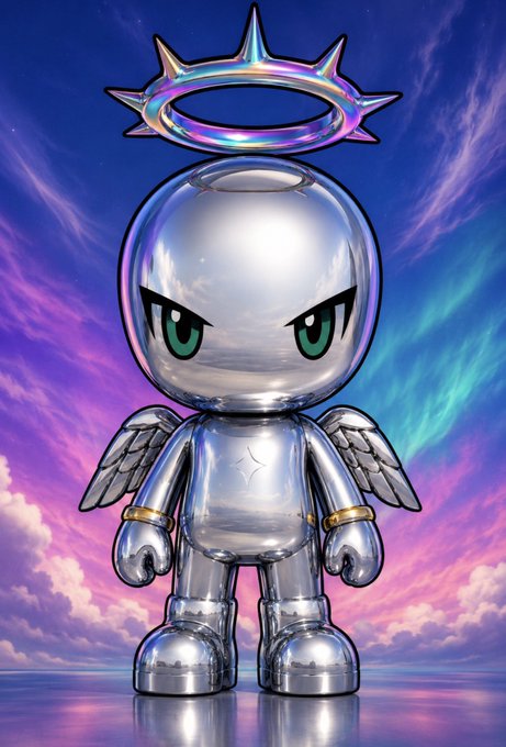 A chrome, angel-like figure with wings and a spiked halo floats against a vibrant pink and blue cloudy sky, captioned "do you like the art reveal?"