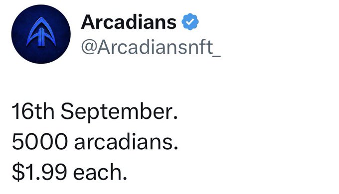 A Twitter post from verified account @Arcadiansnft_ announcing an NFT mint on September 16th for 5,000 Arcadians at $1.99 each, corresponding to the post's promotional details about the project's launch.