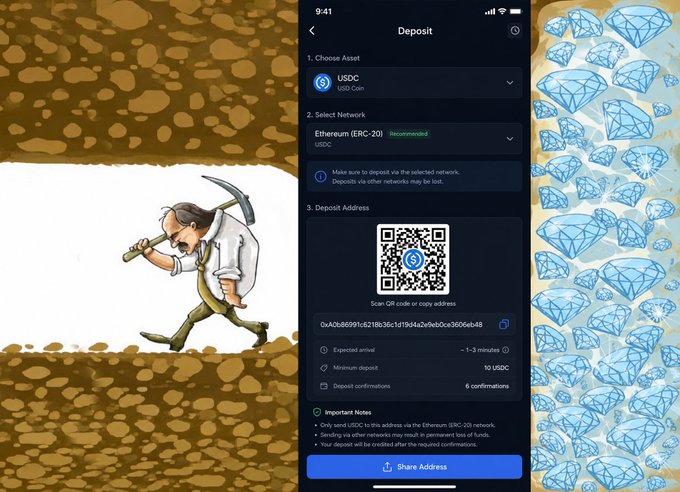 A mobile crypto deposit screen for USDC on the Ethereum (ERC-20) network shows a QR code and address, flanked by illustrations of a miner excavating dirt on the left and blue diamonds on the right.