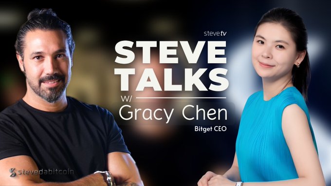 A promotional graphic for "Steve Talks" on steve.tv features host Steven (left, in a black shirt) alongside Gracy Chen, Bitget CEO (right, in a blue top), with the text announcing the episode. The accompanying Turkish post indicates Steven is inviting viewers to submit questions about the Bitget hack incident to ask during his interview with Gracy Chen.