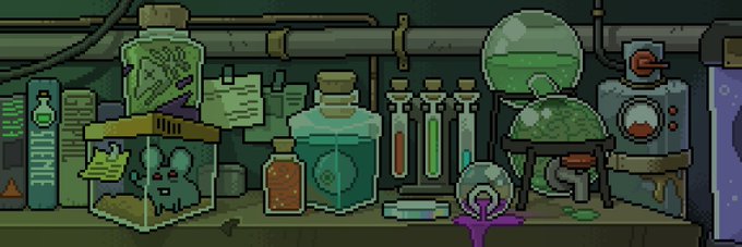 Pixel art illustration of a cluttered laboratory bench featuring various glass jars containing specimens, test tubes with colored liquids, a large green flask, and strange lab equipment with a small creature inside one container.