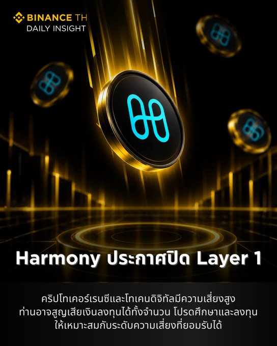 A promotional graphic for 'BINANCE TH DAILY INSIGHT' features a glowing gold and cyan coin, with Thai text discussing 'Harmony' as a 'Layer 1' blockchain.