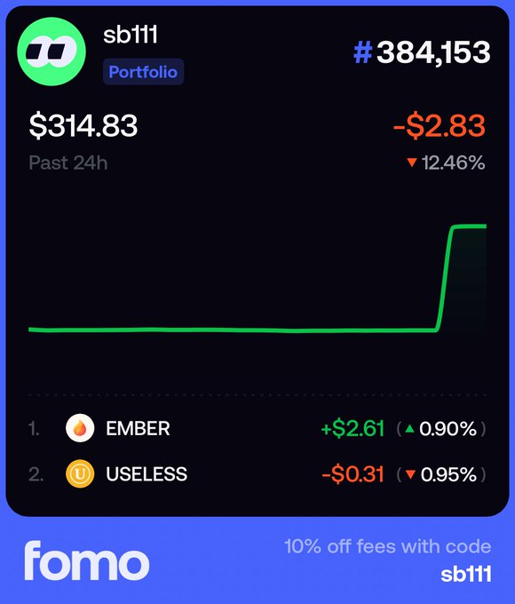 A financial app interface showing a portfolio named 'sb11' with a value of $314.83 and a 12.46% decrease, displaying holdings in EMBER and USELESS assets.