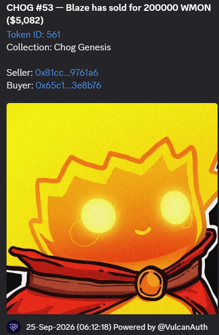 A screenshot of an NFT marketplace transaction showing 'CHOG #53 — Blaze has sold for 200000 WMON ($5,082)' from the Chog Genesis collection, featuring artwork of a cute fire elemental character with glowing eyes and a red cape.