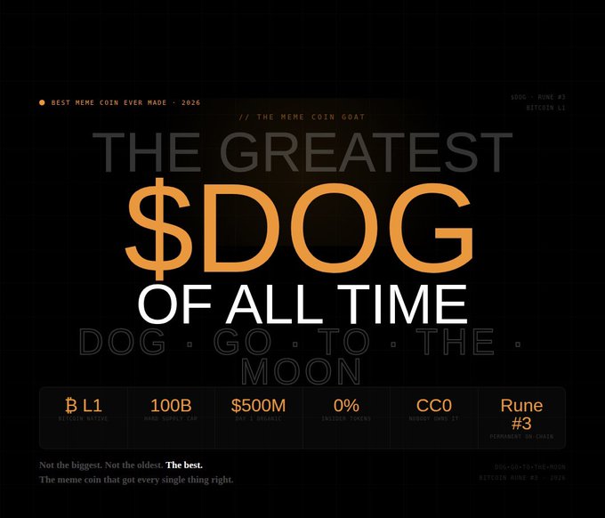A dark promotional graphic for '$DOG' cryptocurrency, with text reading 'THE GREATEST $DOG OF ALL TIME', 'DOG GO TO THE MOON', and 'BEST MEME COIN EVER MADE · 2026', along with stats like Bitcoin L1, 100B supply, $500M market cap.