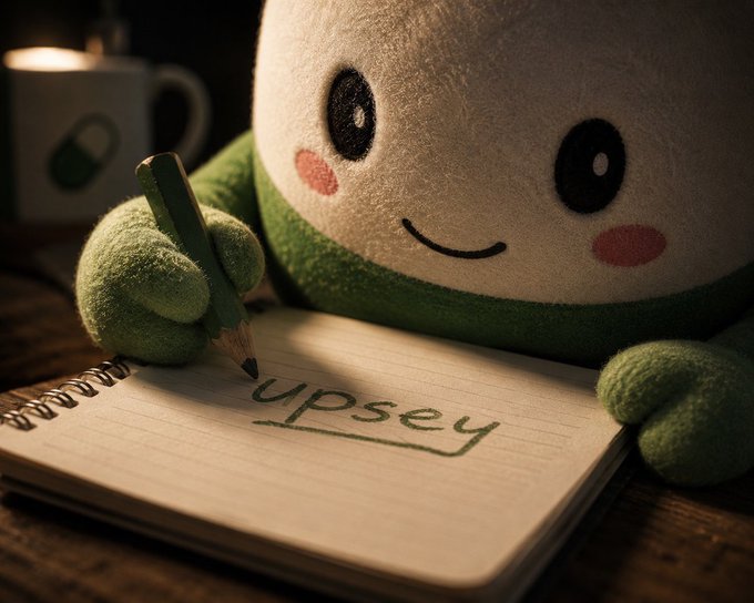 A cute plush mascot with rosy cheeks writes "Upsey" in a notebook, visually representing the brand's mascot while reinforcing the post's "green pill" theme tied to the $CUPSEY token's IP rights, mascot identity, and real products.