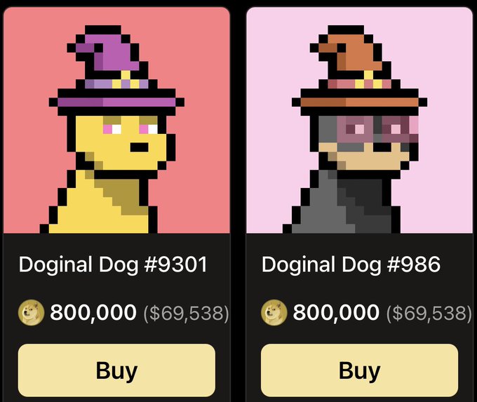 Two pixel art dog characters labeled "Doginal Dog #9301" and "Doginal Dog #986" both priced at "800,000 ($69,538)" with yellow "Buy" buttons.