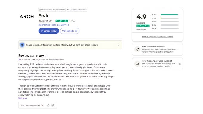 A Trustpilot review summary for ARCH (Alternative Financial Service) showing a 4.9-star 'Excellent' rating based on 500 reviews, highlighting great customer service and fast funding times.