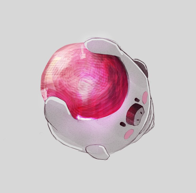 Watercolor-style illustration of a pink and white spherical creature resembling Kirby with a shiny pink translucent top.