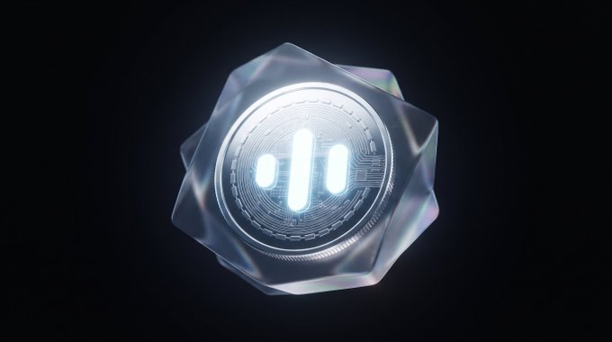A 3D render of a glowing cryptocurrency coin featuring a bar chart symbol, encased in a translucent crystalline dodecahedron against a dark background.