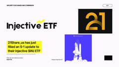 The image is a promotional graphic for Injective ETF, featuring bold text announcing that "21Shares US has just filed an S-1 update to their INJective INJ ETF," alongside a stylized "21" logo and an Injective logo depicting a dog. This connects to the accompanying post by highlighting a key institutional milestone for Injective (INJ), complementing news about the Meridian Mainnet upgrade and CypherOS launch.