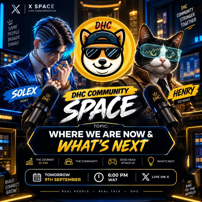 A promotional graphic for "X SPACE" featuring a host labeled "SOLEX" with blue hair, a co-host cat labeled "HENRY" wearing VR glasses, and a central Shiba Inu logo; the topic is "WHERE WE ARE NOW & WHAT'S NEXT," scheduled for "TOMORROW 9TH SEPTEMBER 6:00 PM WAT."