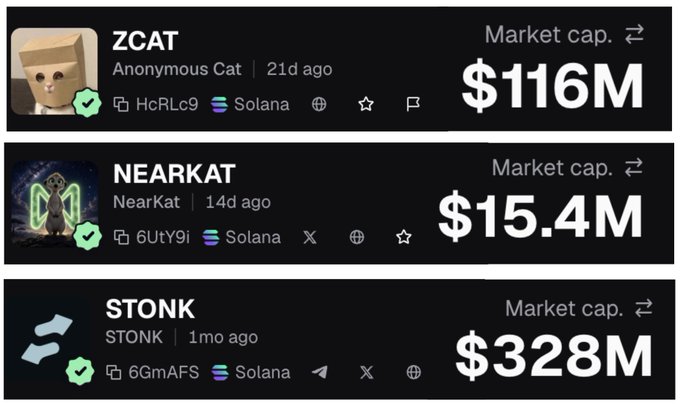 A cryptocurrency listing displaying memecoins ZCAT ($116M market cap, 21d ago), NEARKAT ($15.4M, 14d ago), and STONK ($328M, 1mo ago) on the Solana network.