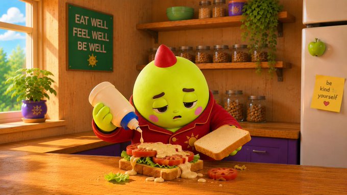 A 3D animated green character with a red pointed hat and robe looks tired while spreading mayonnaise on a sandwich, set in a cozy kitchen with a sign reading 'EAT WELL FEEL WELL BE WELL' and a fridge note saying 'be kind yourself'.