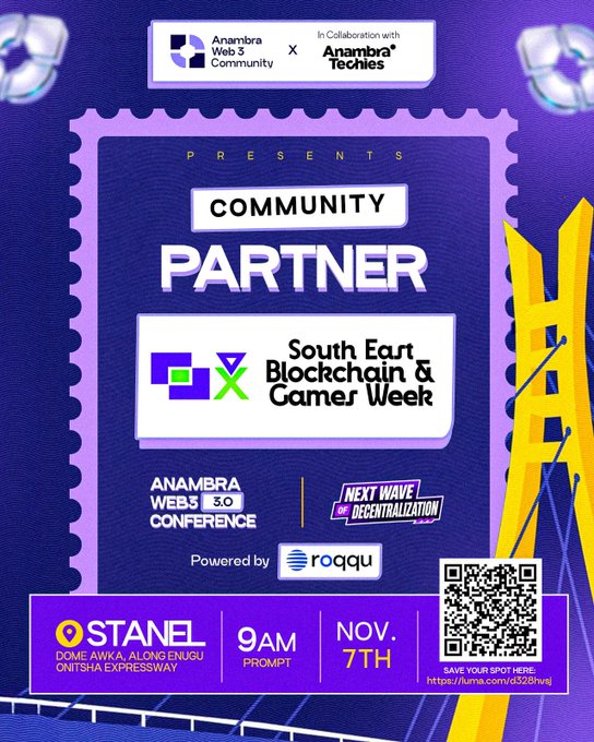 A purple promotional flyer announcing a 'COMMUNITY PARTNER' collaboration between Anambra Web 3 Community and South East Blockchain & Games Week, scheduled for November 7th at STANEL Dome in Awka.
