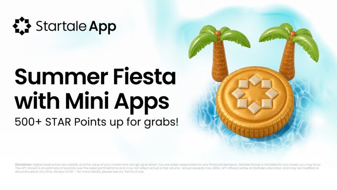 Startale App advertisement for a 'Summer Fiesta with Mini Apps' offering '500+ STAR Points up for grabs!', featuring a gold coin with palm trees in a pool.
