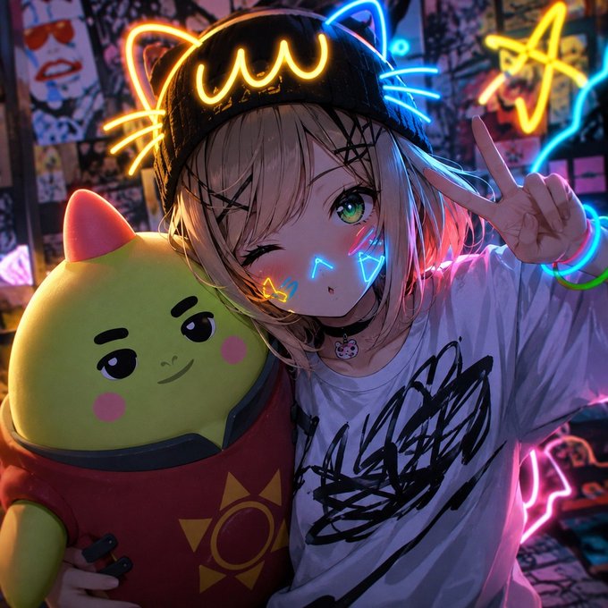 An anime-style character with cat ears and glowing neon accessories poses with a peace sign next to a green plush character in a vibrant neon-lit setting.