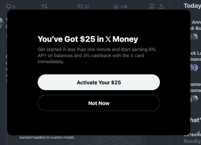 The image shows a pop-up notification stating "You've Got $25 in X Money" and an option to "Activate Your $25," which directly relates to the accompanying post about finally receiving their XMoney.