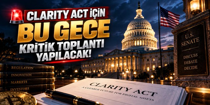 A dramatic nighttime image of the U.S. Capitol Building and Senate chamber is overlaid with bold text in Turkish announcing "CLARITY ACT İÇİN BU GECE KRİTİK TOPLANTI YAPILACAK!" (Critical meeting tonight for the Clarity Act), while the foreground features a copy of the "CLARITY ACT - A CLEARER FUTURE FOR DIGITAL ASSETS" document alongside books labeled "REGULATION, INNOVATION, MARKETS, INVESTORS" and a glowing Bitcoin symbol, visually reinforcing the post's message about tonight's crucial Senate Democratic meeting on the crypto legislation ahead of the September 15 vote.