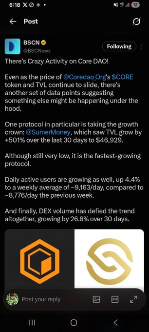 A BSC News post highlights explosive growth on Core DAO's SumerMoney protocol, with TVL up 501% to $46,929 in 30 days, daily active users rising 4.4% to ~9,163, and DEX volume growing 26.6%—suggesting the "underrated" CORE project is gaining momentum despite $CORE price declines.