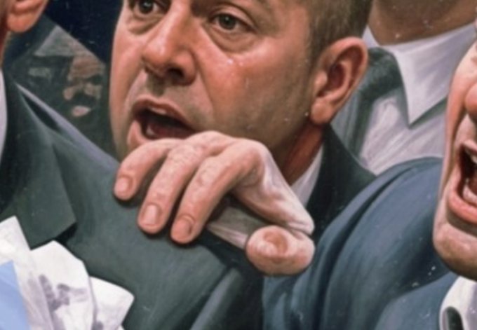This image appears to be a hyper-realistic AI-generated or digitally rendered painting depicting a man in a suit appearing emotionally overwhelmed, with another person's hand reaching in from the right side, possibly grasping or being grabbed near the man's mouth. The artwork has a classical, lifelike painting style reminiscent of traditional portraiture, though it seems to be contemporary digital art.

The accompanying post describes a humorous narrative about someone who posted AI-like art before AI art was mainstream, sold NFTs for significant profits in Ethereum, and then "pranked the whole industry" by revealing a connection to NFTs — suggesting the image exemplifies the type of hyper-realistic art that predated or coincided with the AI art boom, fitting the joke about being ahead of the curve.