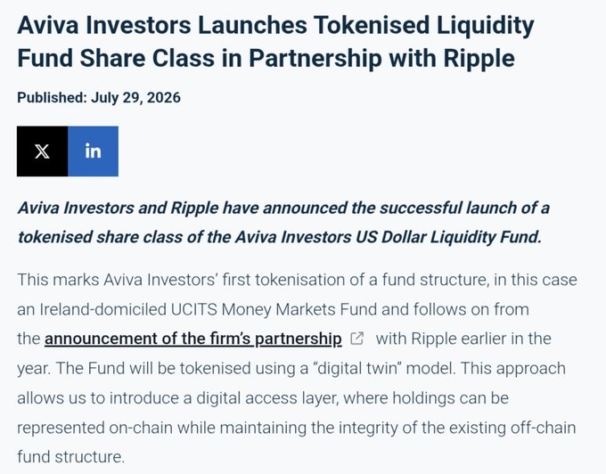 The image shows an announcement that Aviva Investors has launched a tokenized liquidity fund share class in partnership with Ripple, utilizing the XRP Ledger. This marks Aviva Investors' first fund tokenization, introducing a digital access layer for their US Dollar Liquidity Fund.