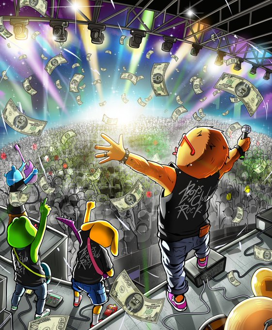 Vibrant NFT-style illustration of cartoon characters performing on a concert stage under colorful lights while dollar bills rain down over a crowd.