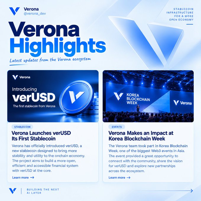 A promotional graphic titled "Verona Highlights" featuring updates about "Verona Launches verUSD Its First Stablecoin" and "Verona Makes an Impact at Korea Blockchain Week", with tagline "BUILDING THE NEXT AI LAYER".