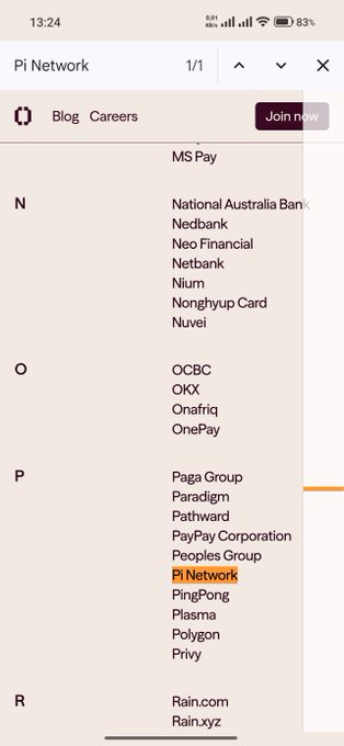 A mobile screenshot displaying a dropdown menu for 'Pi Network' with an alphabetical list of companies including MS Pay, National Australia Bank, Nedbank, Neo Financial, Netbank, Nium, Nonghyup Card, Nuvei, OCBC, OKX, Onafriq, OnePay, Paga Group, Paradigm, Pathward, PayPay Corporation, Peoples Group, Pi Network (highlighted), PingPong, Plasma, Polygon, Privy, Rain.com, and Rain.xyz.